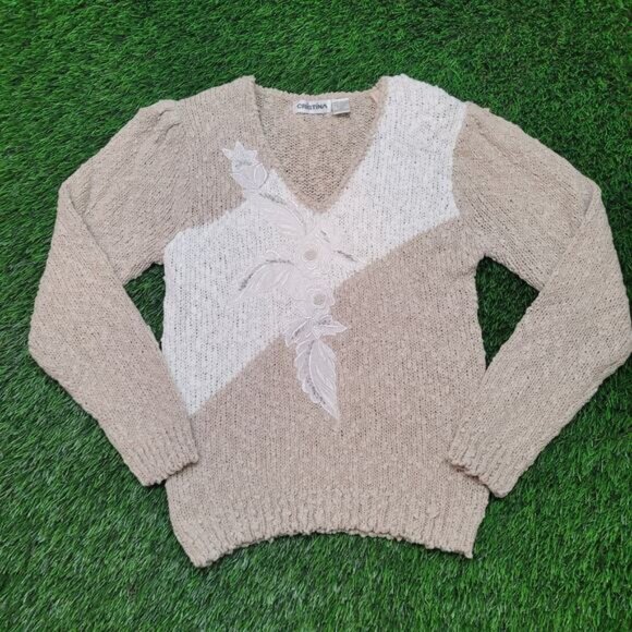 Vintage 80s Cristina Embellished Grandma Sweater Small Puff Sleeve Shoulder Pads - Picture 1 of 12